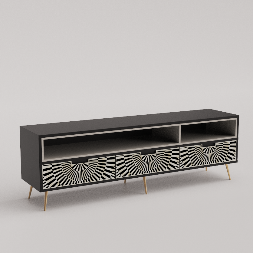 "Sunstrike pattern bone inlay media unit with spacious storage for a stylish living room"