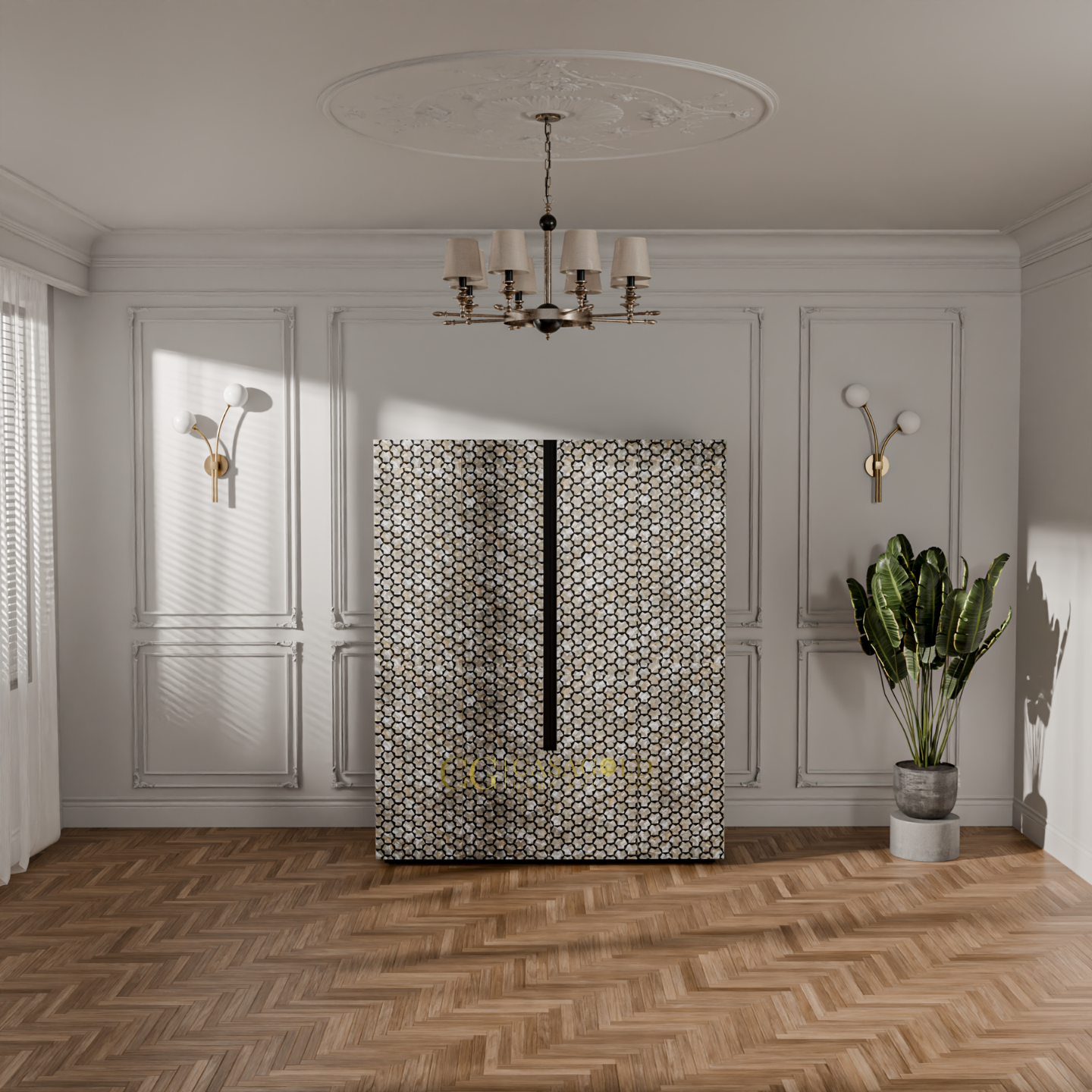 Modern targua cabinet featuring an intricate geometric hexagonal pattern and a bold vertical black handle, set against a classic white paneled wall.