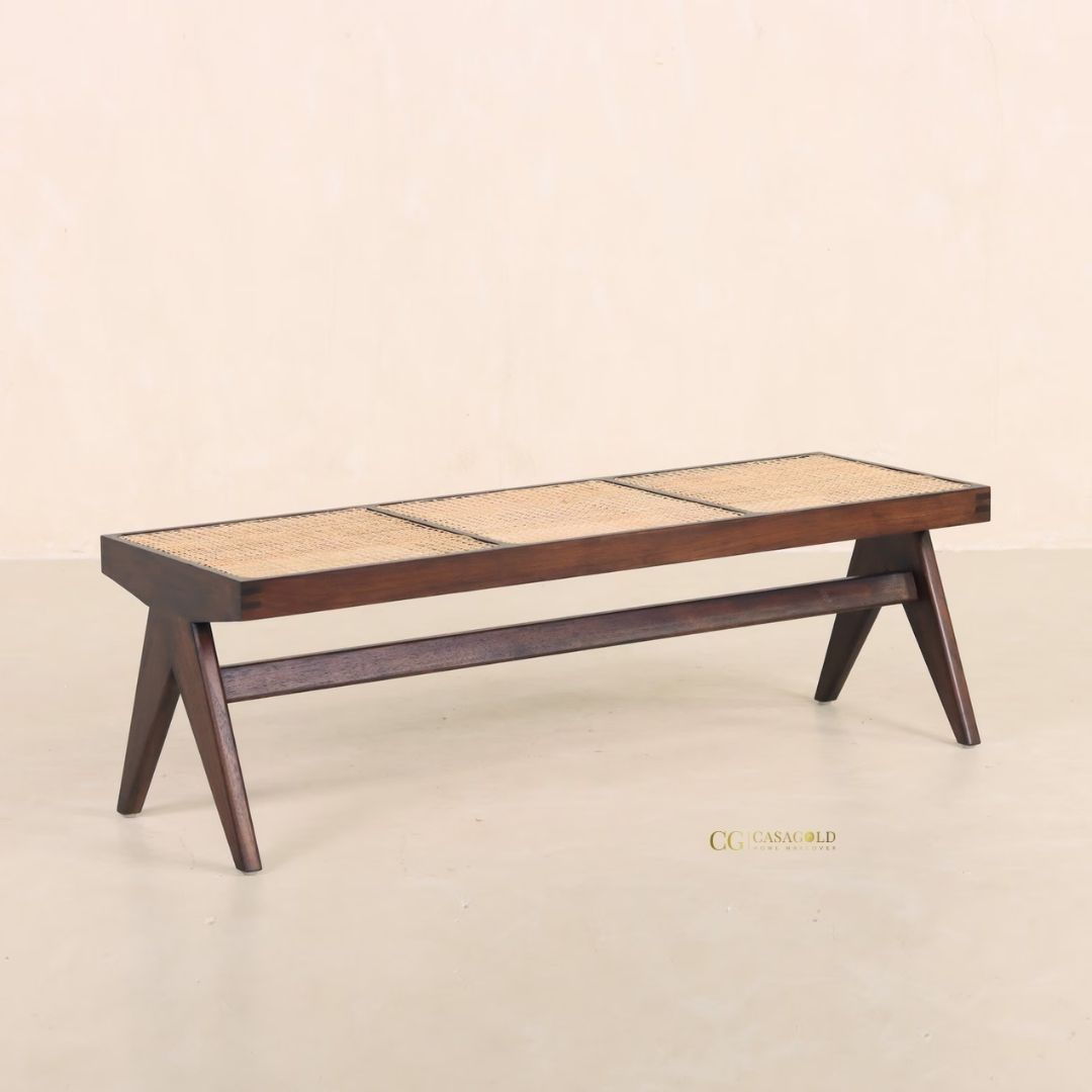 Teak wood bench with woven rattan seat, perfect for living room