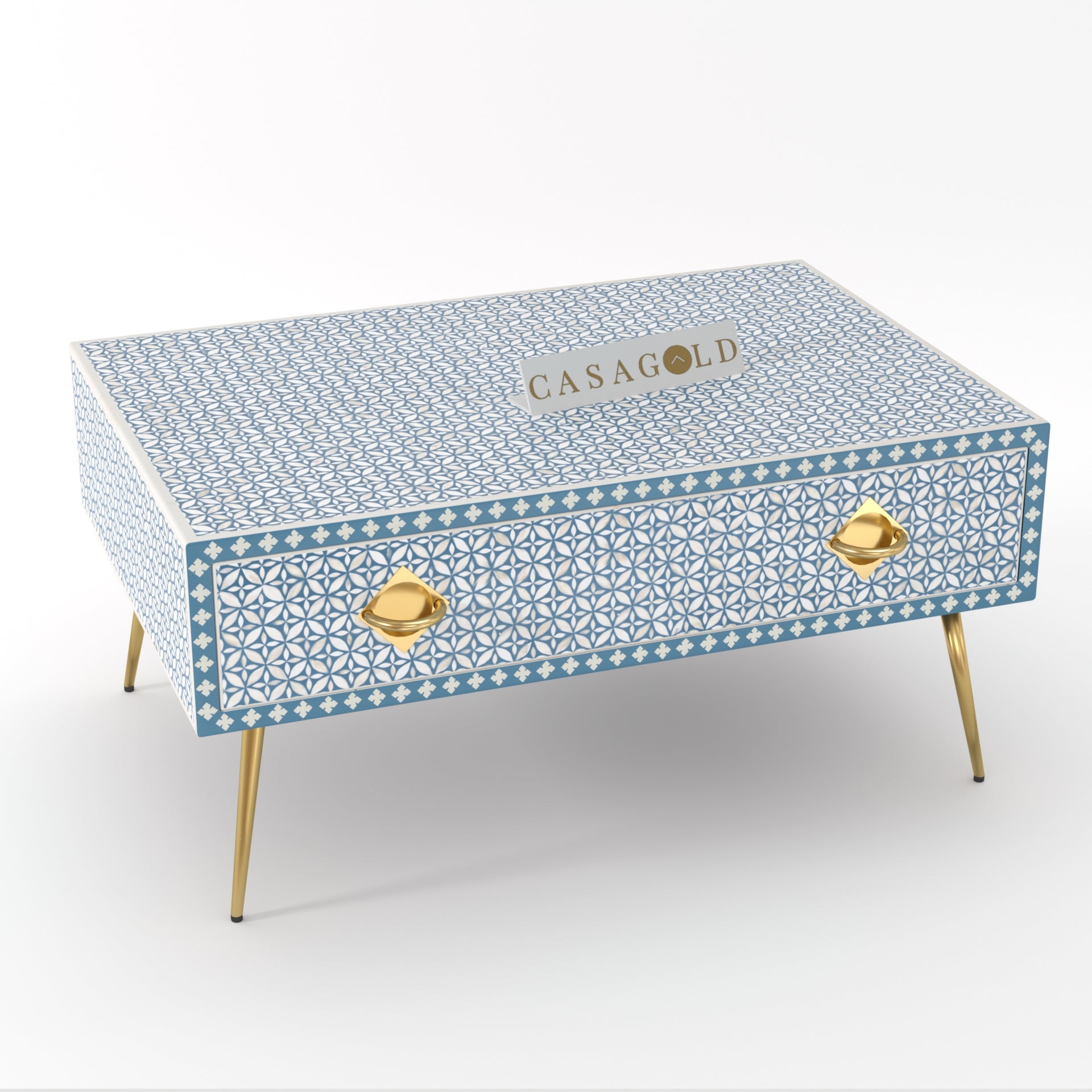 "Classic rectangular coffee table with intricate bone inlay artistry"
