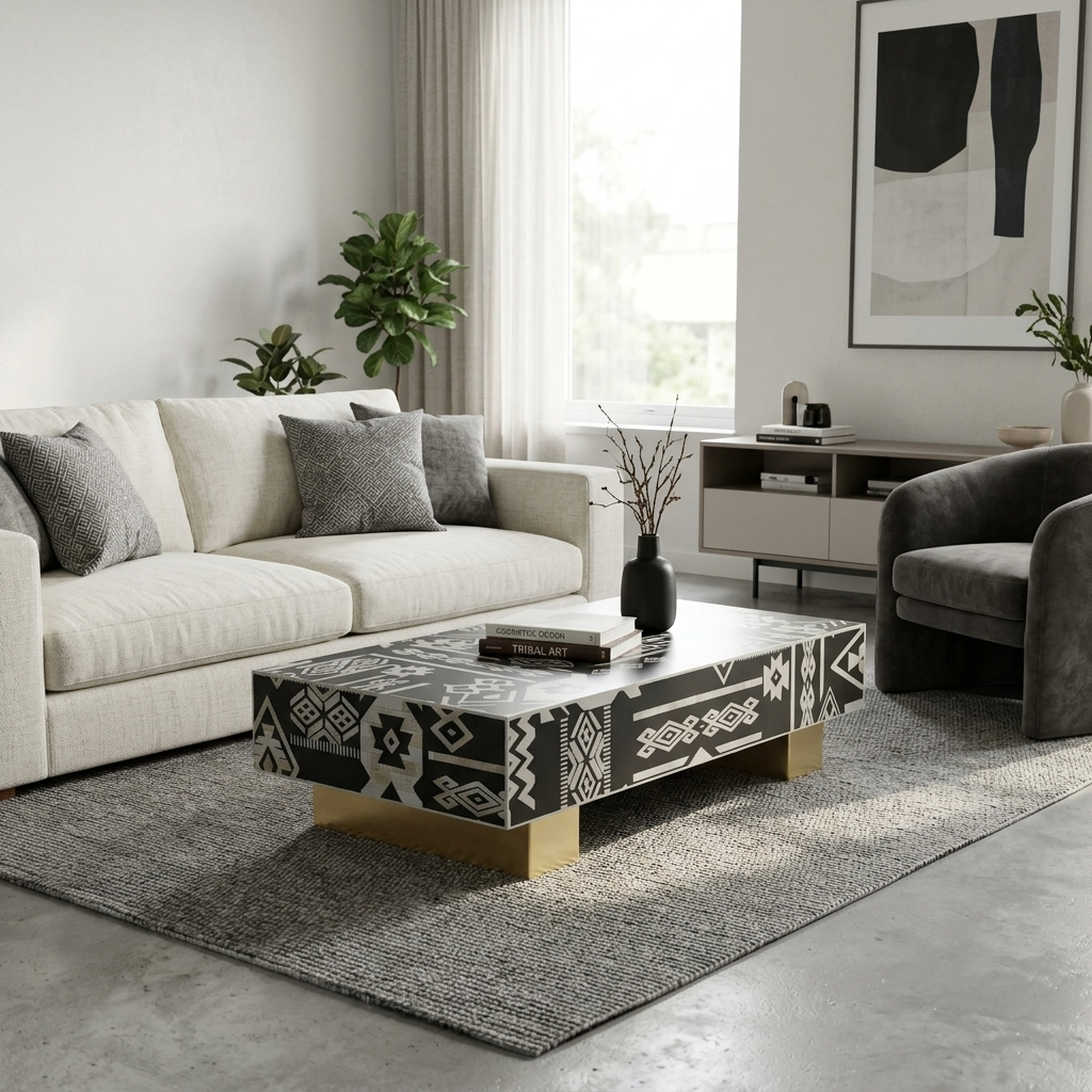 Discover The Nomad Coffee Table by CasaGold, handcrafted with intricate geometric bone inlay, a black and ivory finish and an elegant gold base.