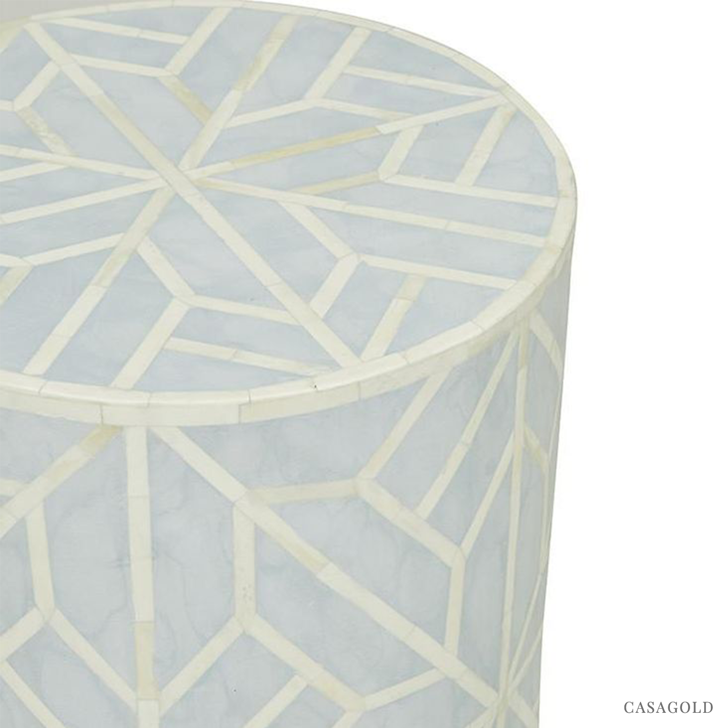 "Tranquil -patterned drum inlay side table for modern homes"