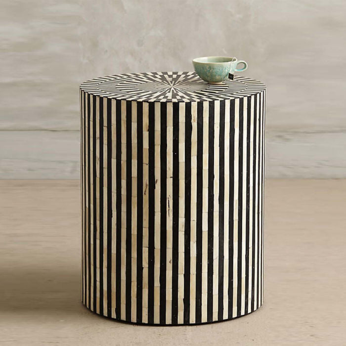 "Tribal design drum inlay side table for ethnic-inspired spaces"
