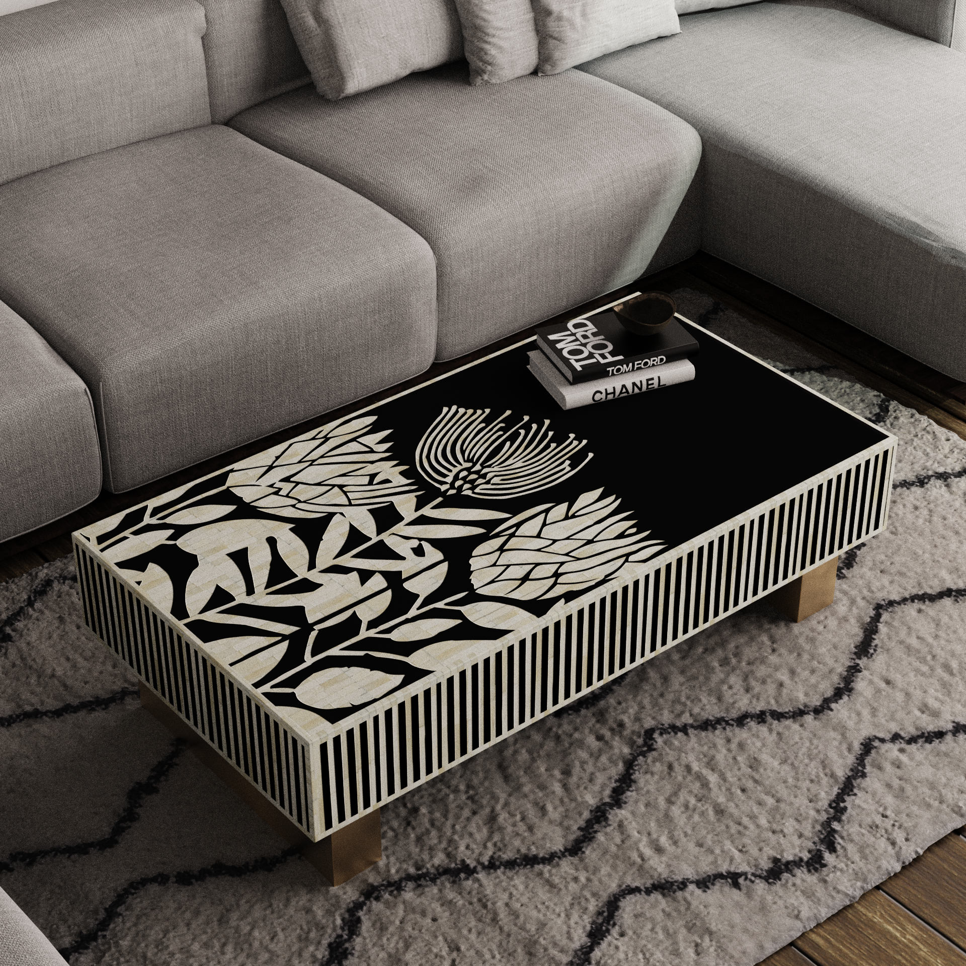 "Tulip bone inlay rectangular coffee table with artistic flair"
