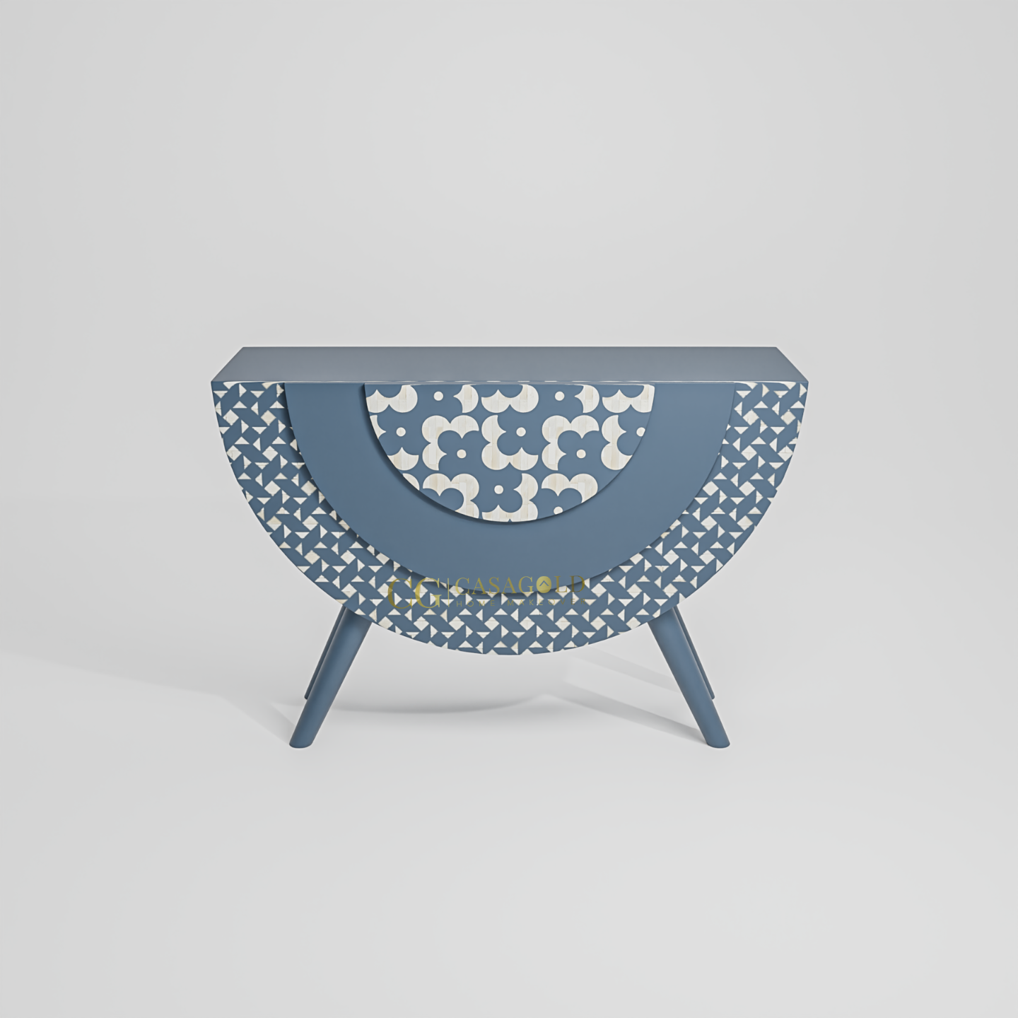 A modern, half-circle cabinet with a layered, fan-like pattern on its front. The piece has a solid blue top