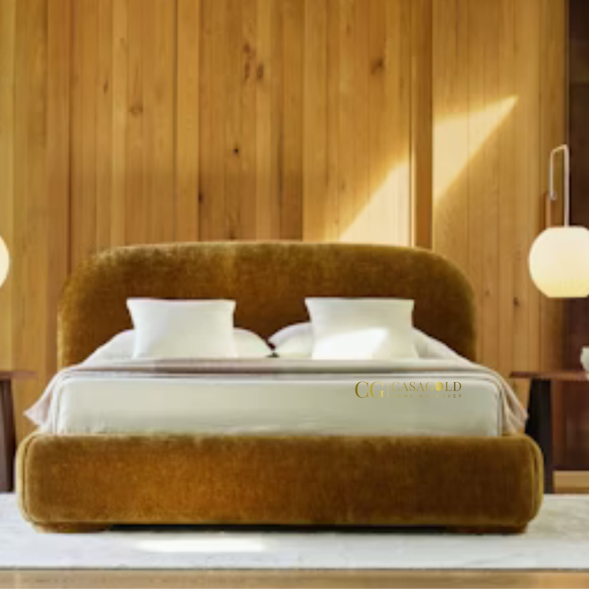 Plush velvet bed with padded headboard for added comfort.