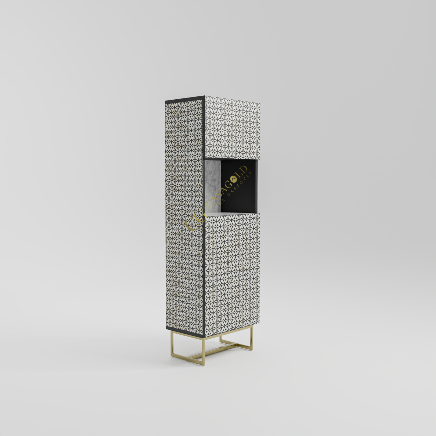 Tall patterned cabinet with central glass display section and metal base frame

