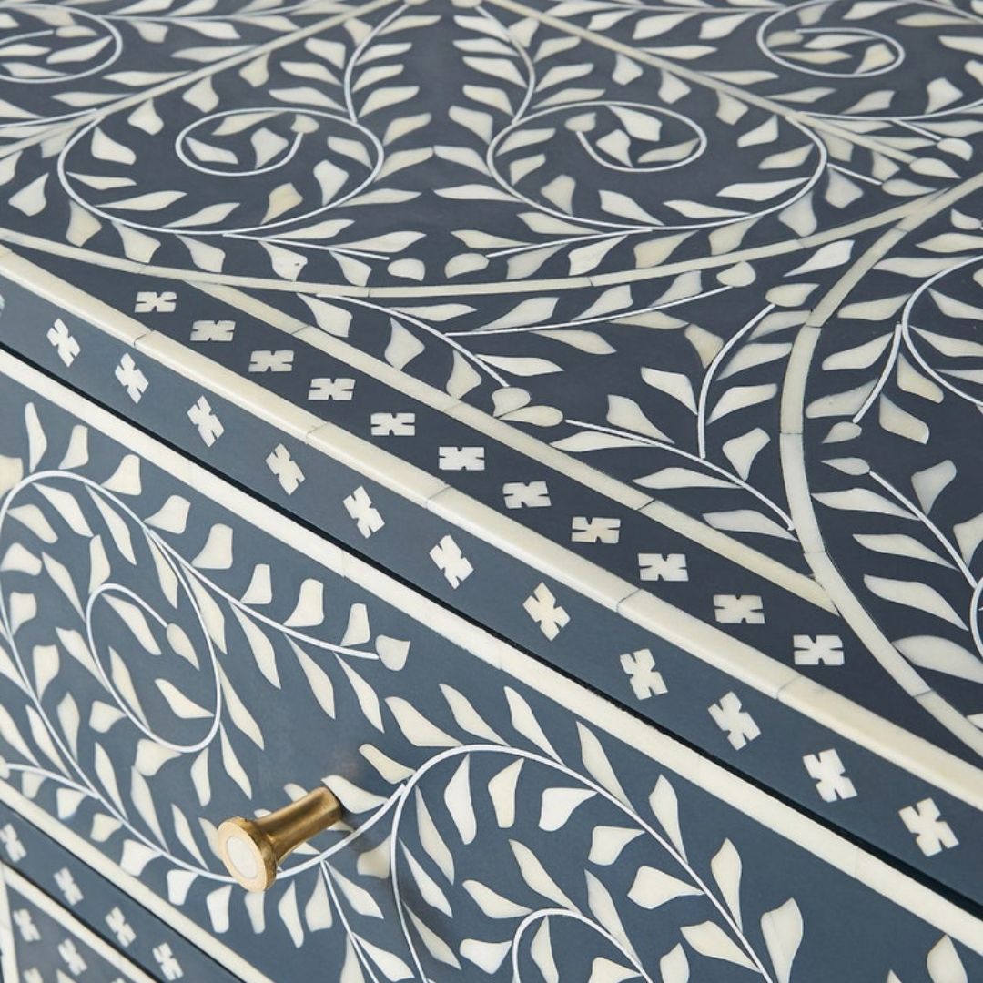 Vintage Blue inlay sideboard with traditional charm.
