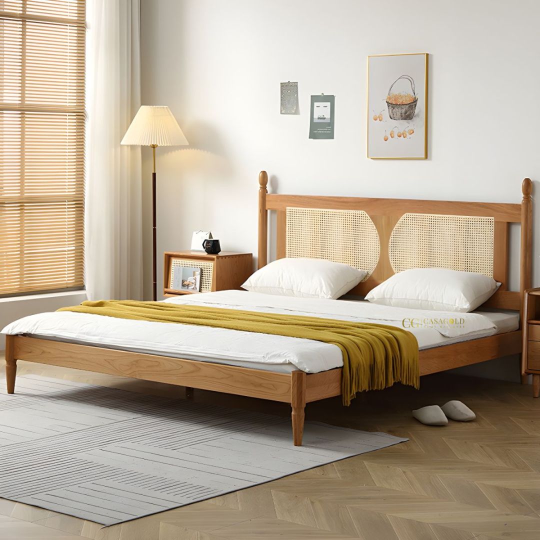 Vintage rattan wooden bed with sleek modern design for boho room