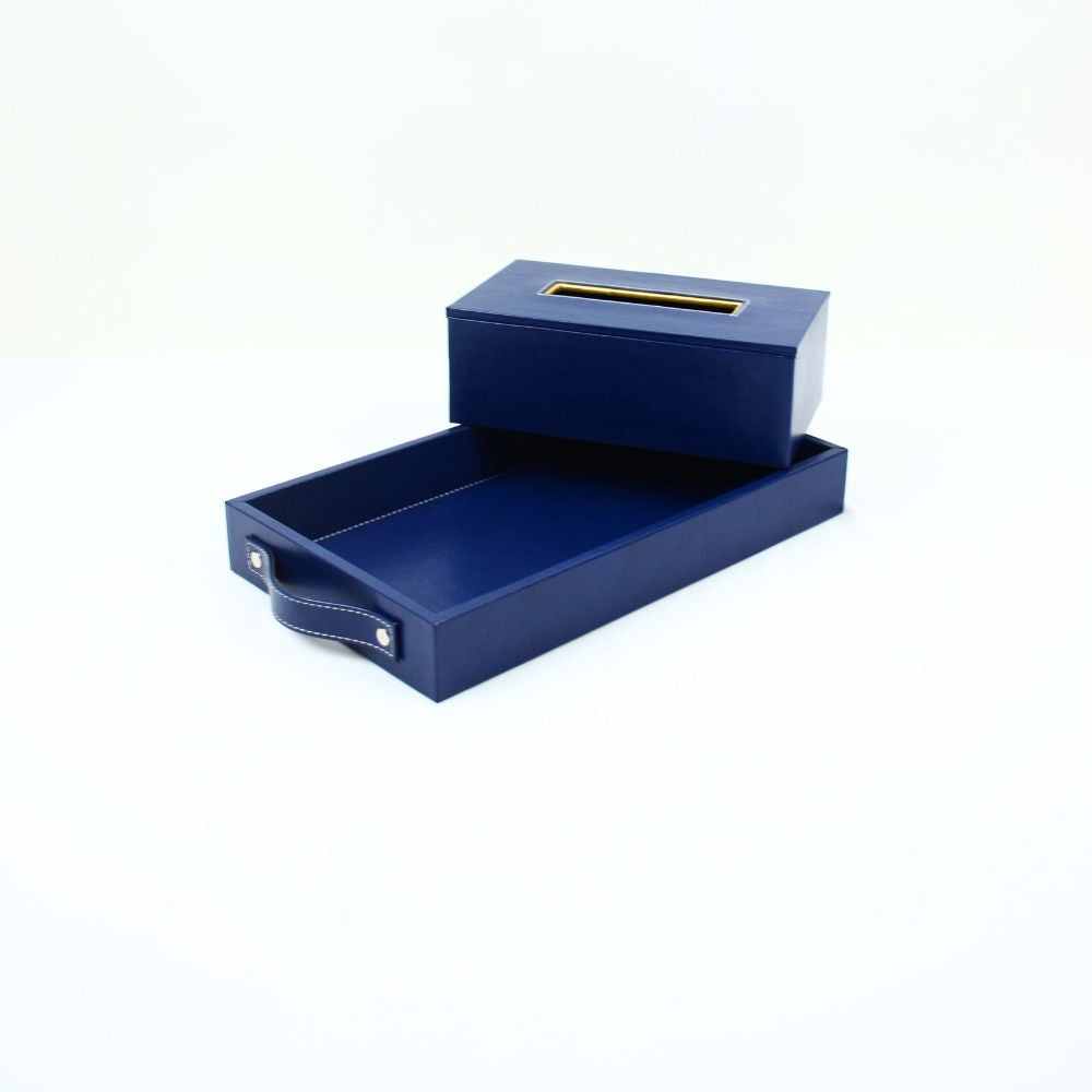 Leather tray with Tissue box Ink Blue