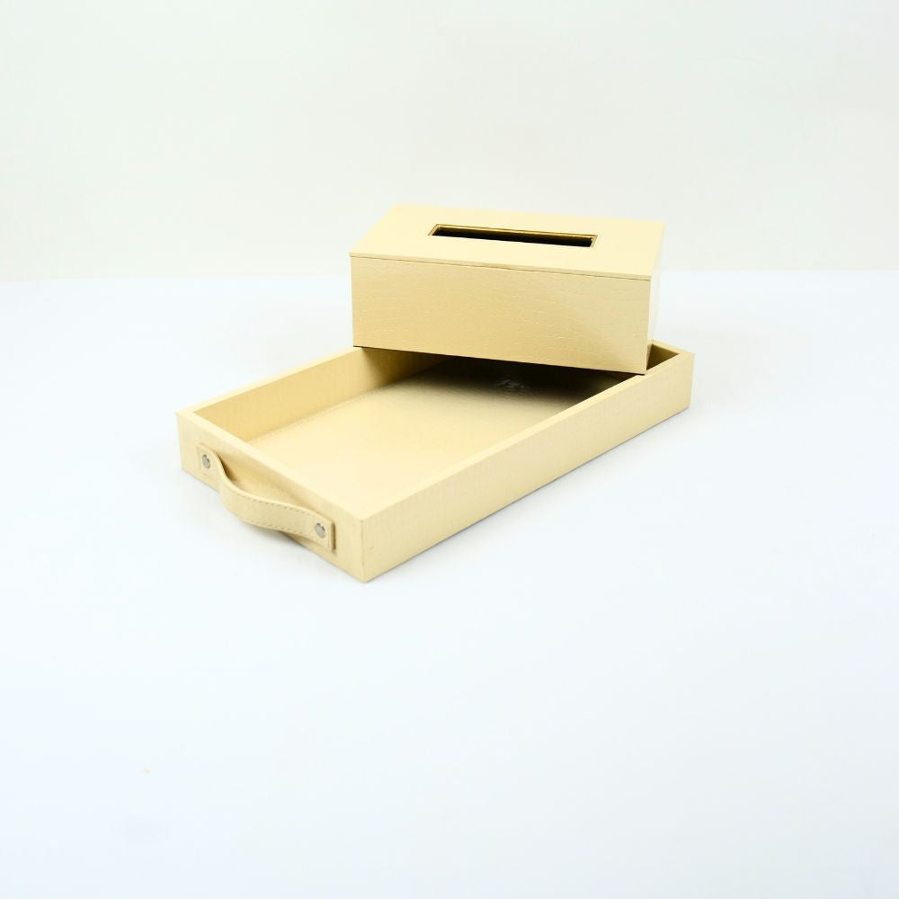 Leather tray with Tissue box Croco Cream