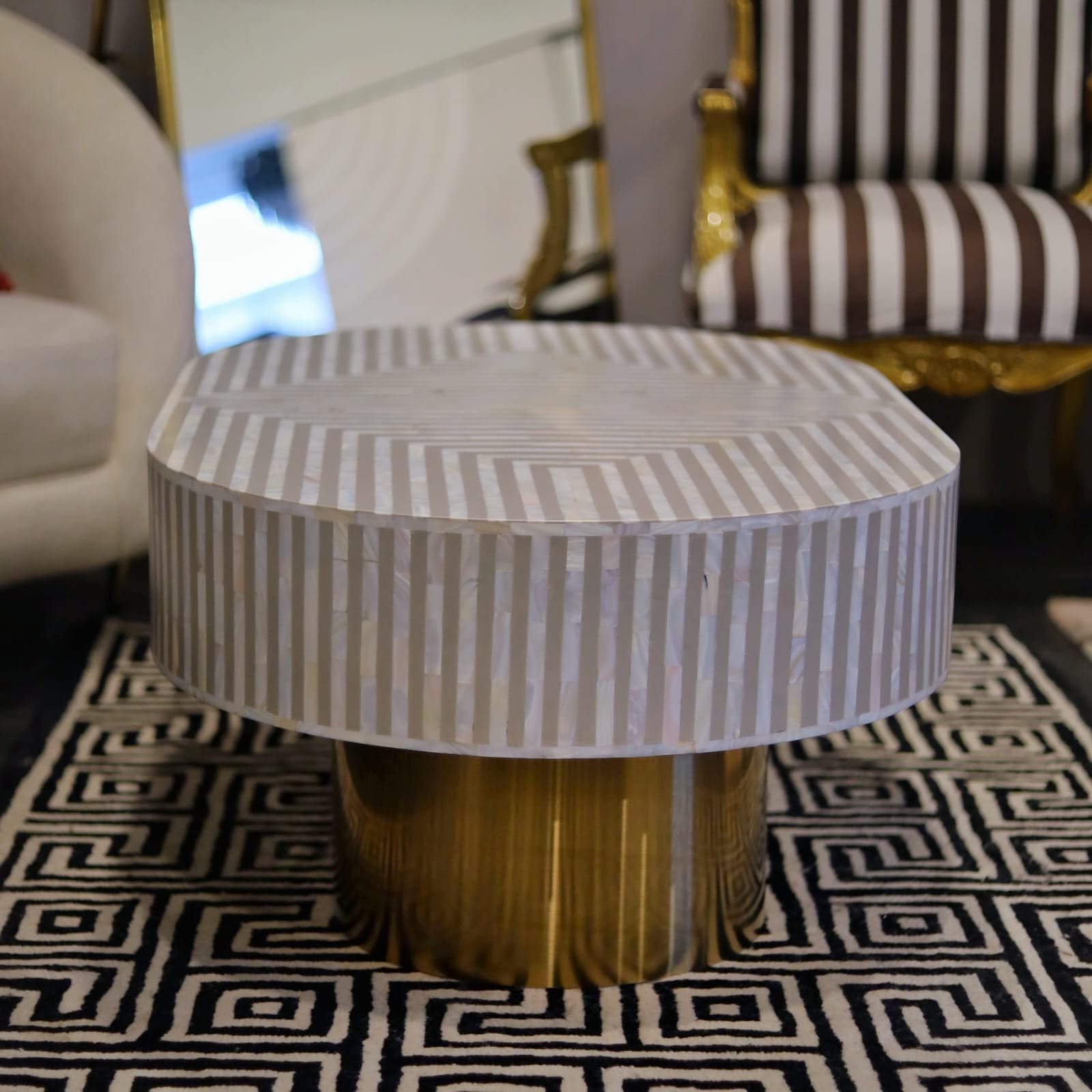 Striped Harmony Inlay Oval Shape Coffee Table (Light Brown) (Ready to Ship)