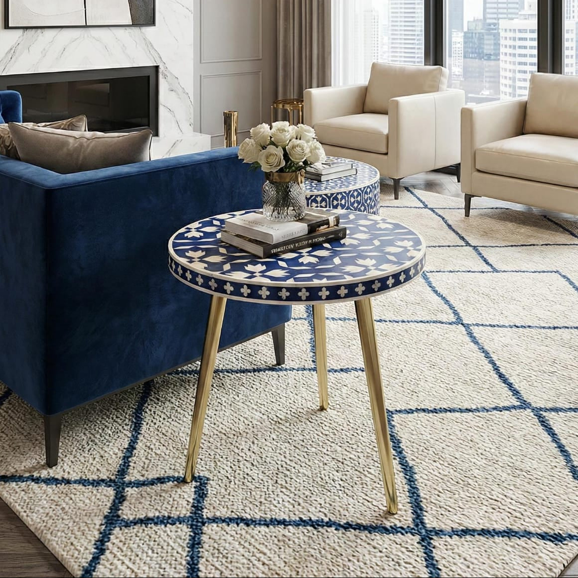 Inlay Round Side Table with Three Gold Legs  - Moroccan