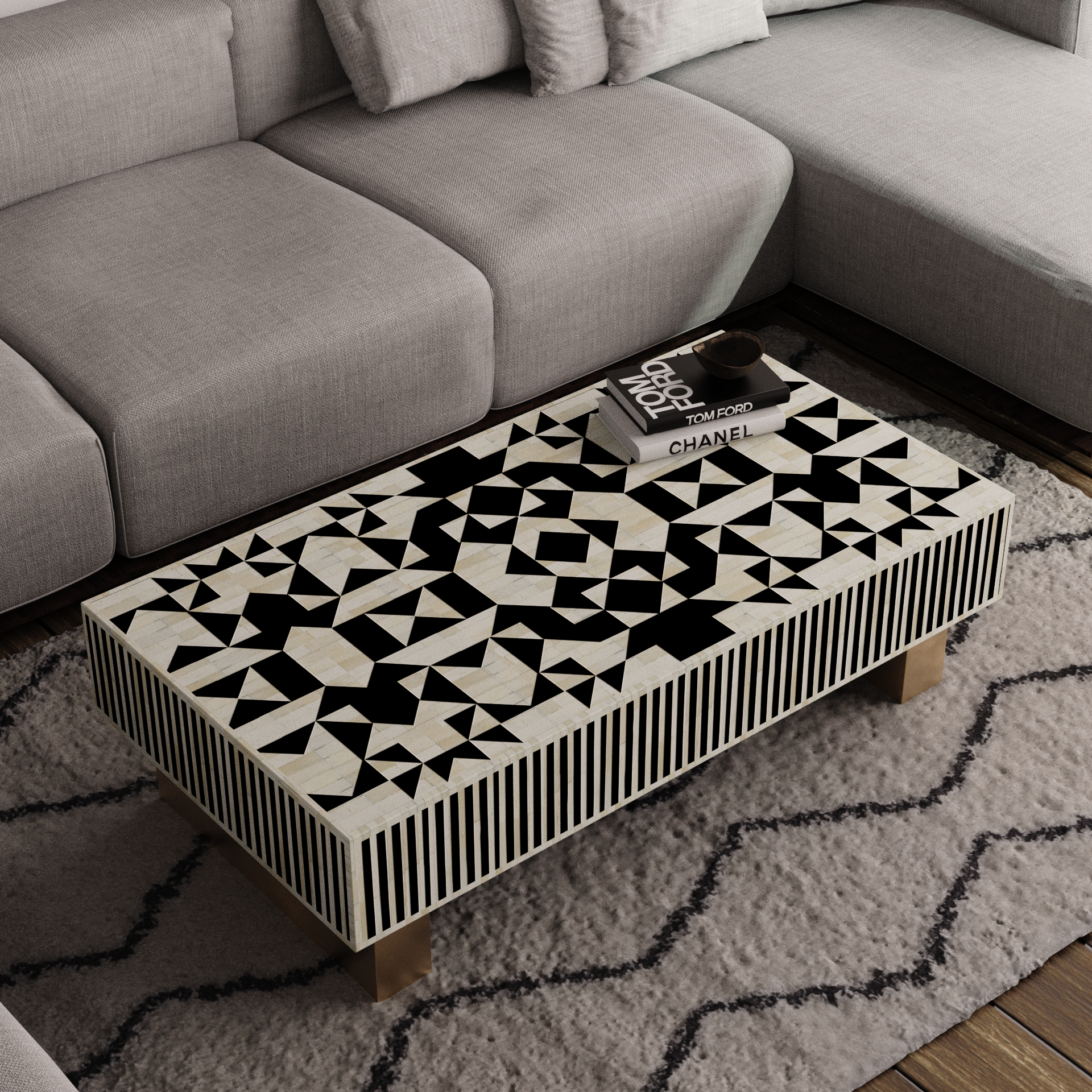 White & Black Bone Inlay Rectangular Coffee Table with Diamond Pattern	