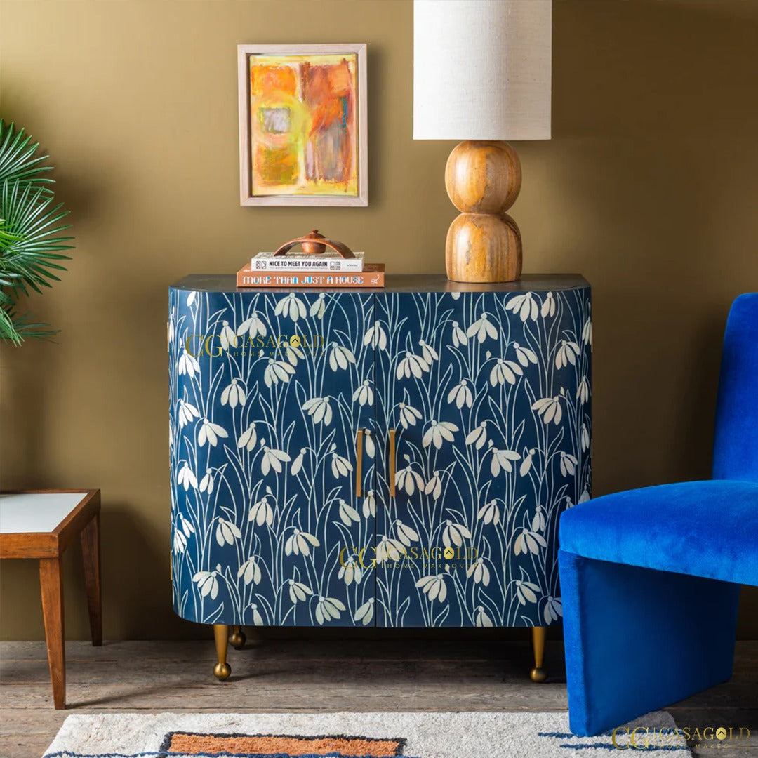 White Blue  Bone Inlay Storage Cabinet	