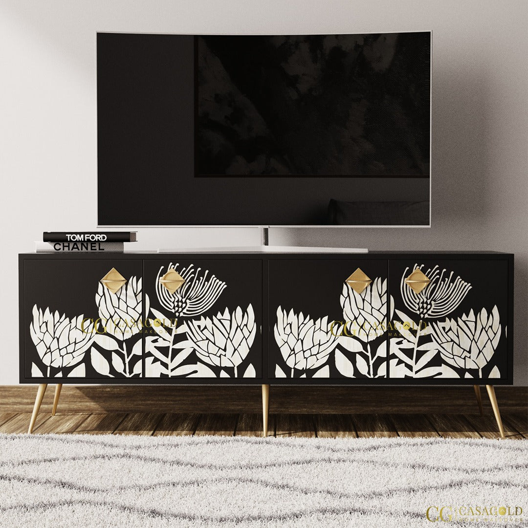 White Bone Inlay TV Stand with Storage	