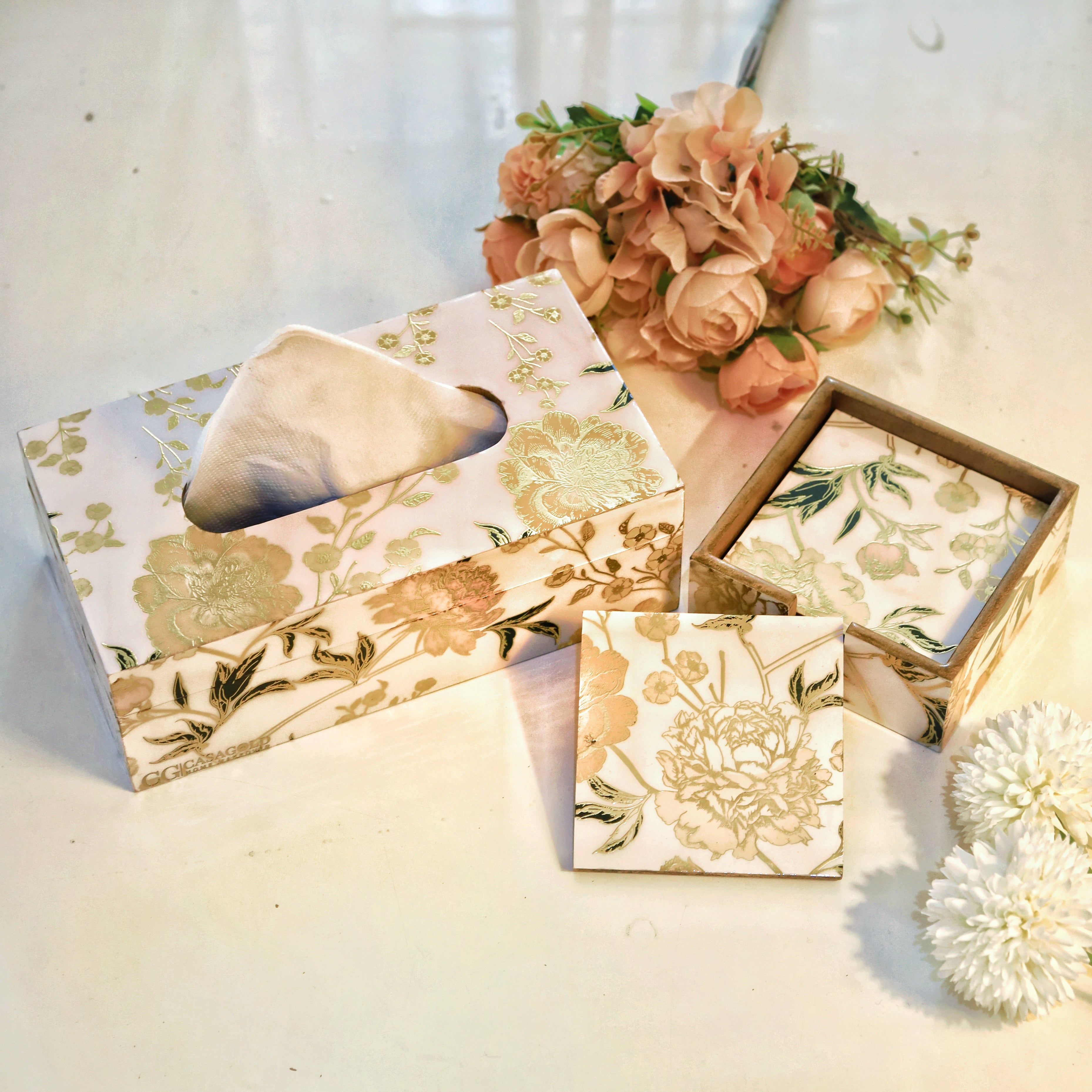 Beautiful tissue box with matching coaster set
