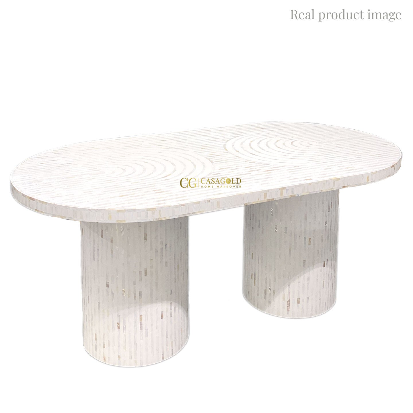 White Floral Inlay Oval Dining Table	