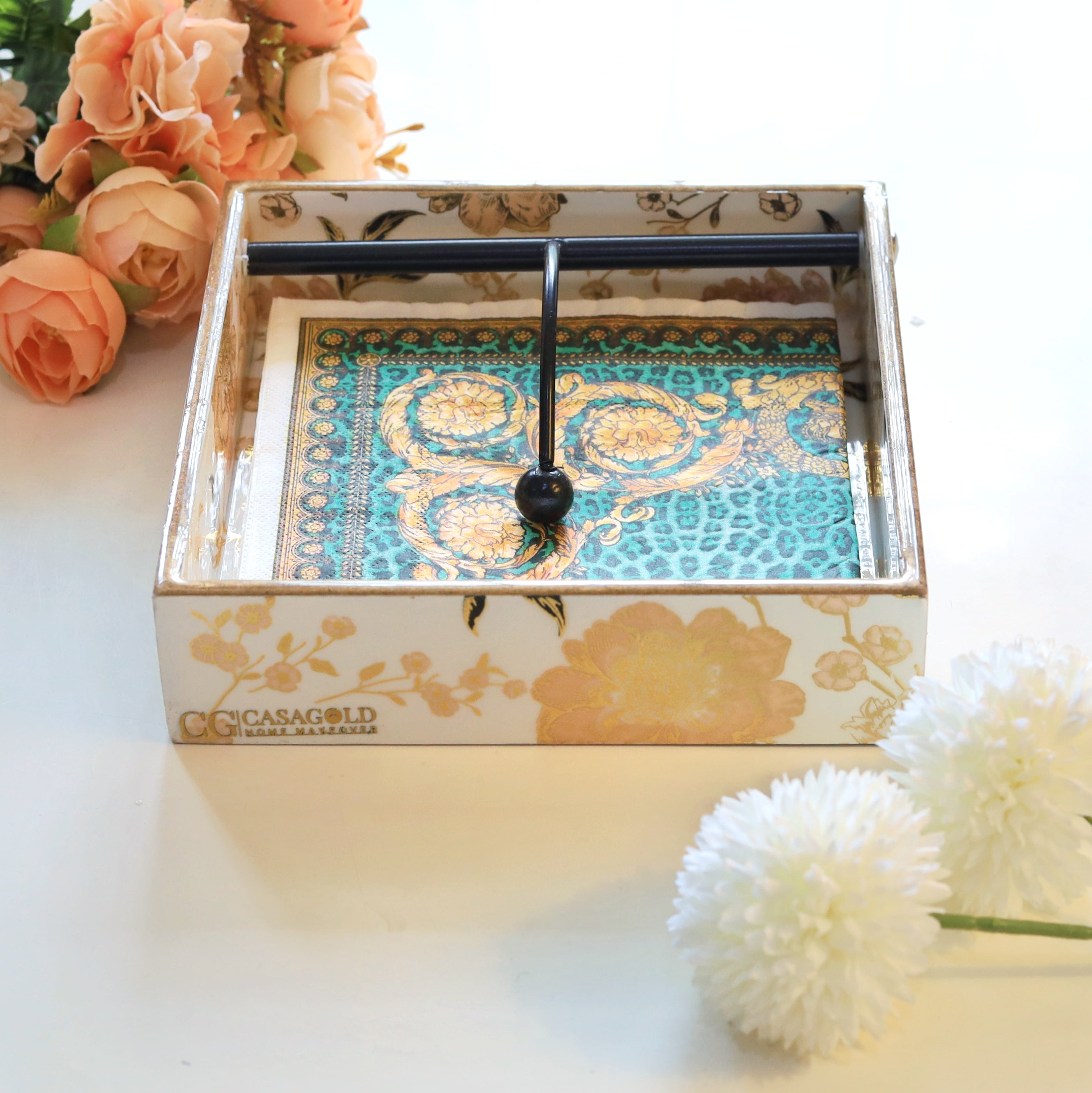 Square Napkin Holder -  White & Gold