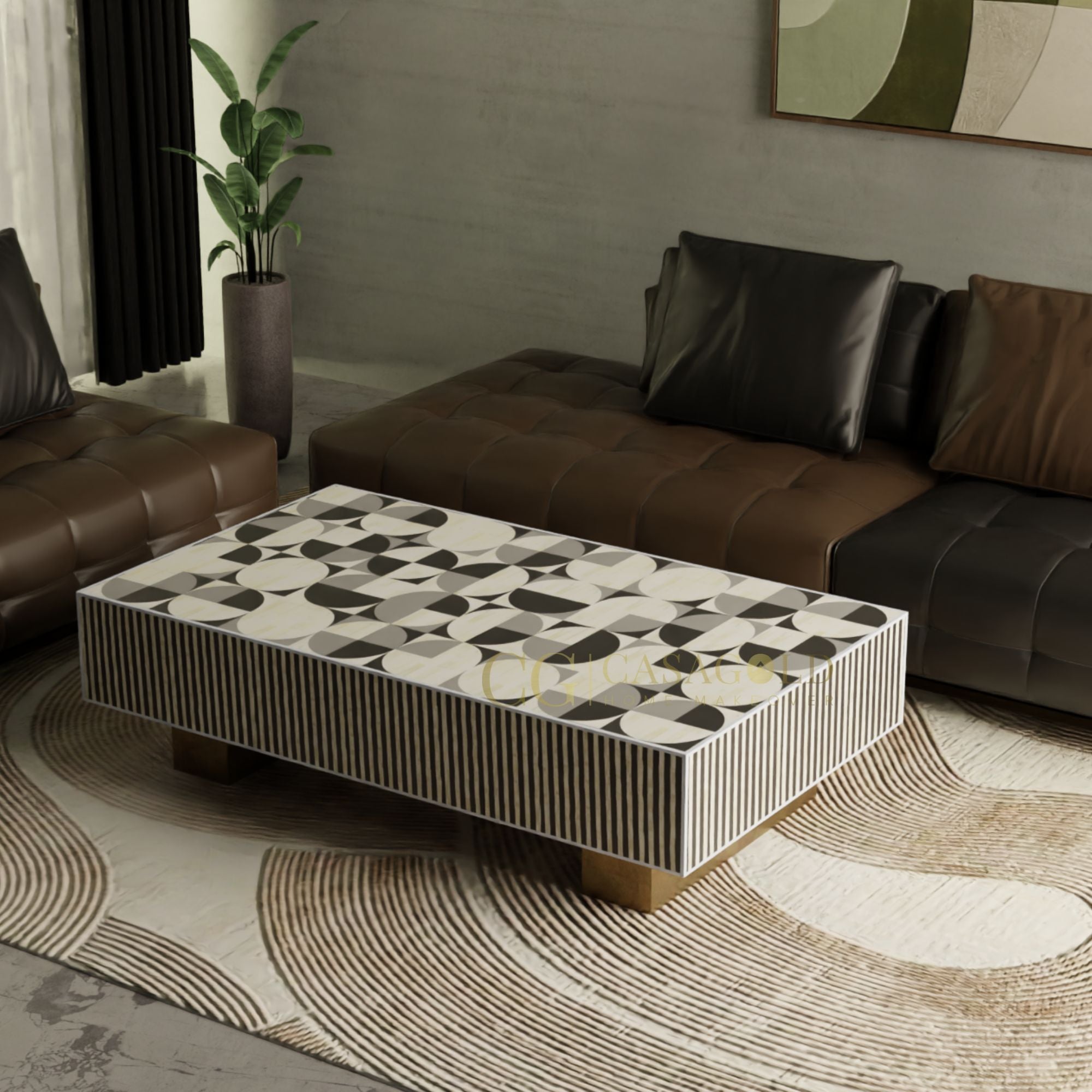 "White and Black rectangular coffee table featuring luxurious bone inlay"