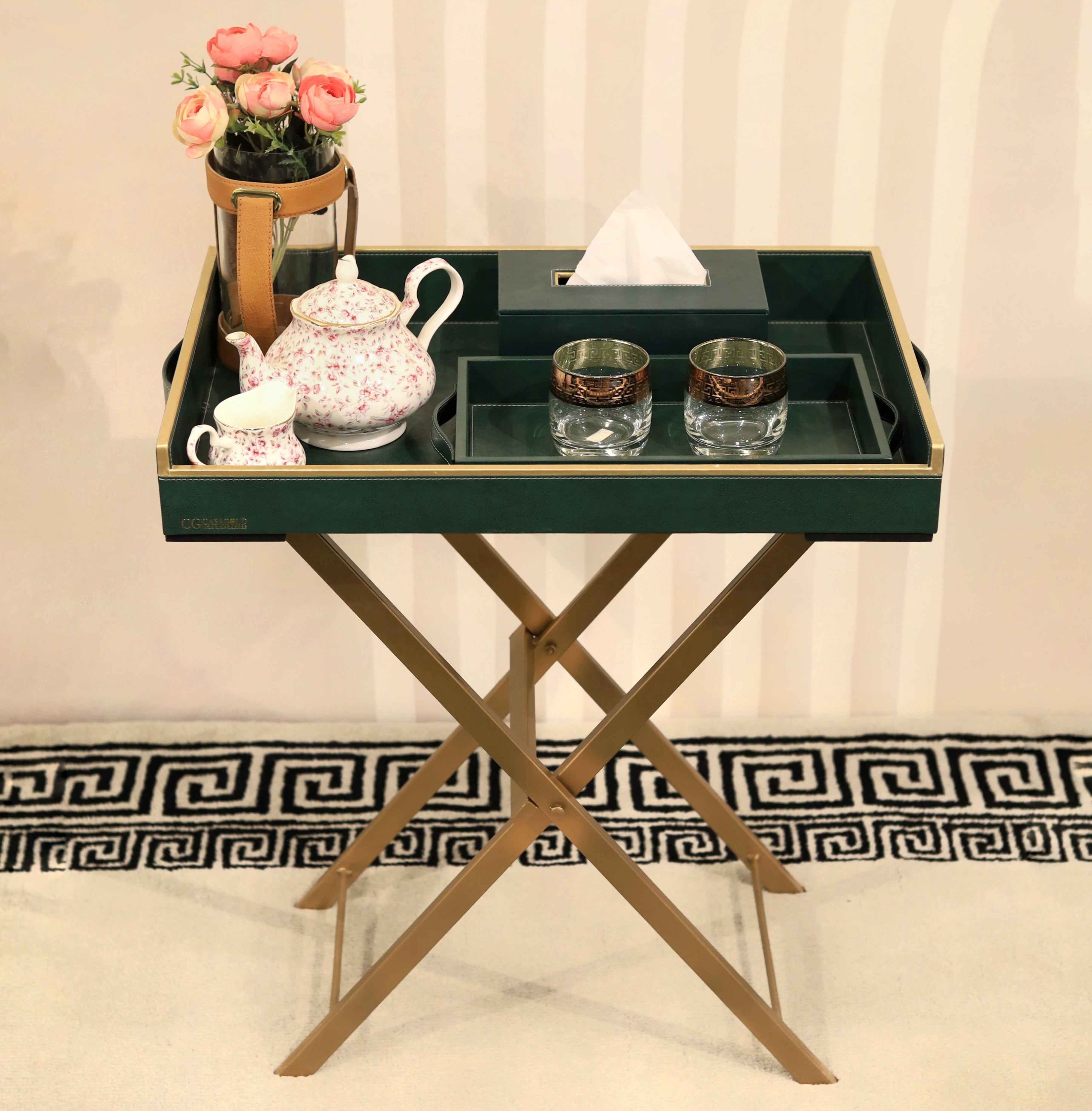 Wooden butler tray with stand for serving and decor