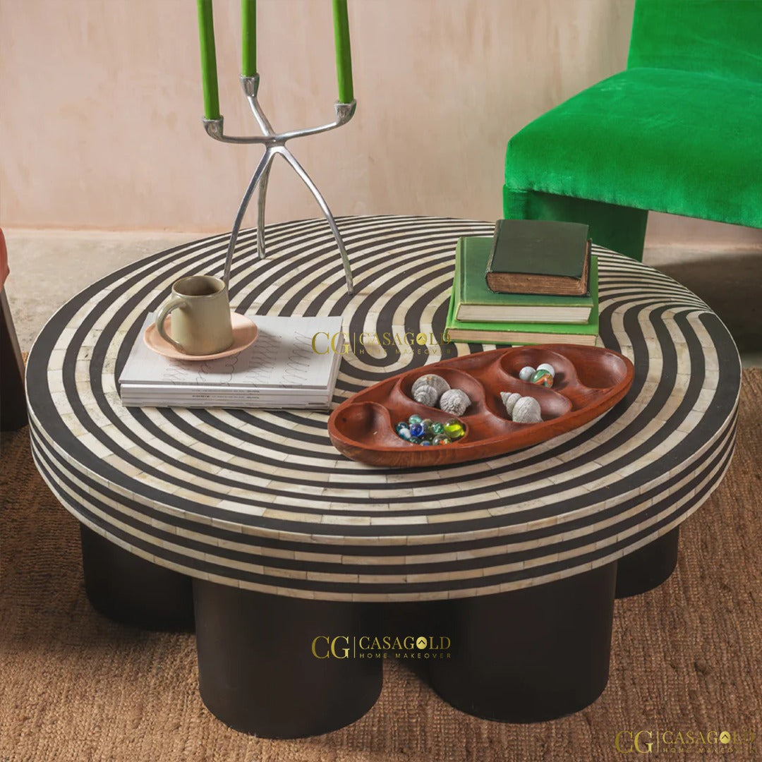 Wooden coffee table with round inlay design
