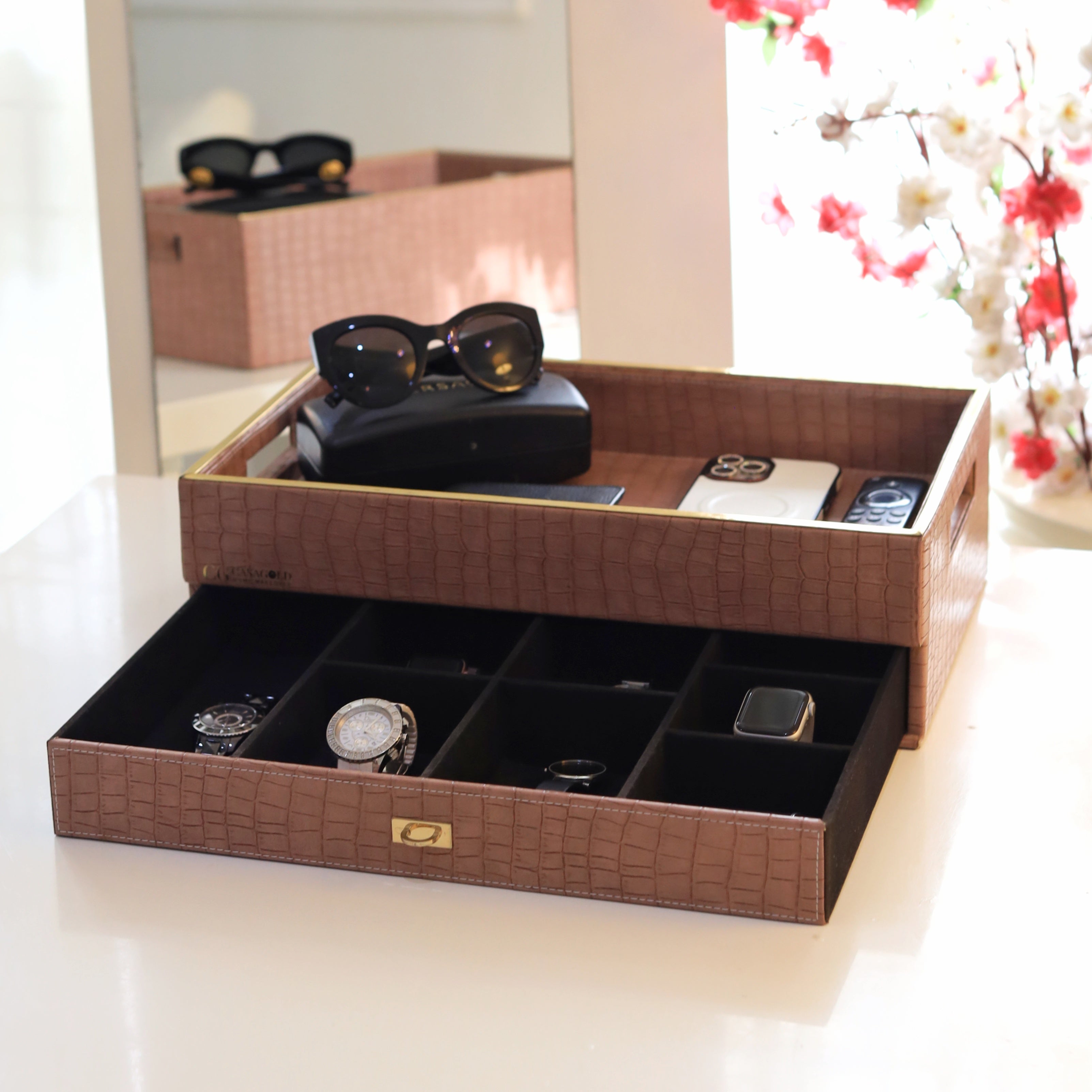 Elegant wooden tea tray with convenient storage
