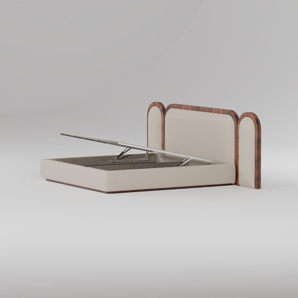 A modern lift-up storage bed with cream upholstered panels and dark brown wood trim, shown with the mattress platform lifted open on a metal support mechanism against a neutral gray background.