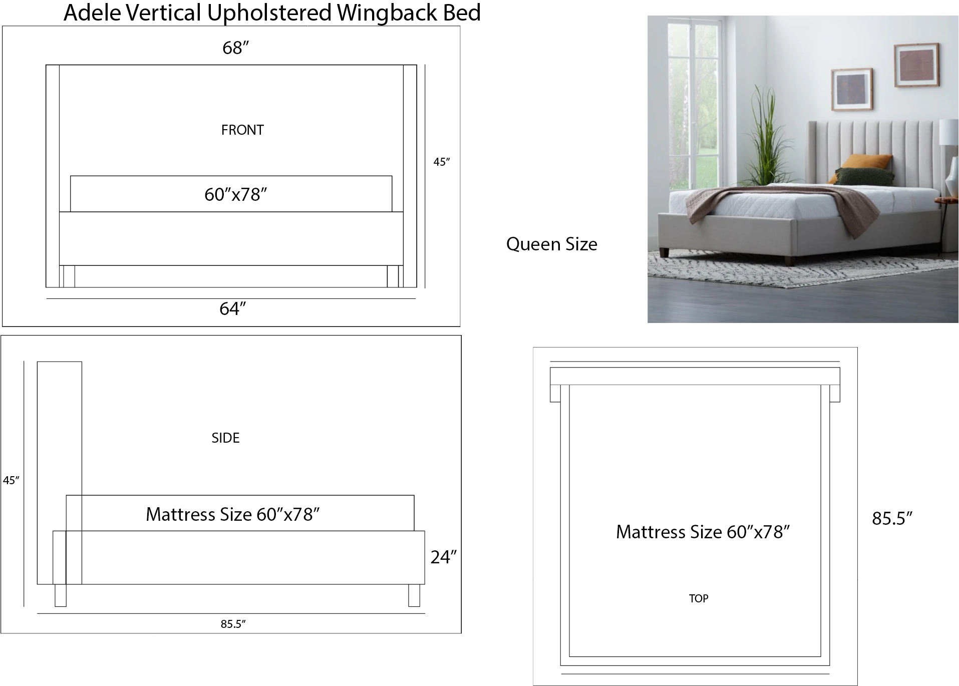 Adele Vertical Upholstered Wingback Bed