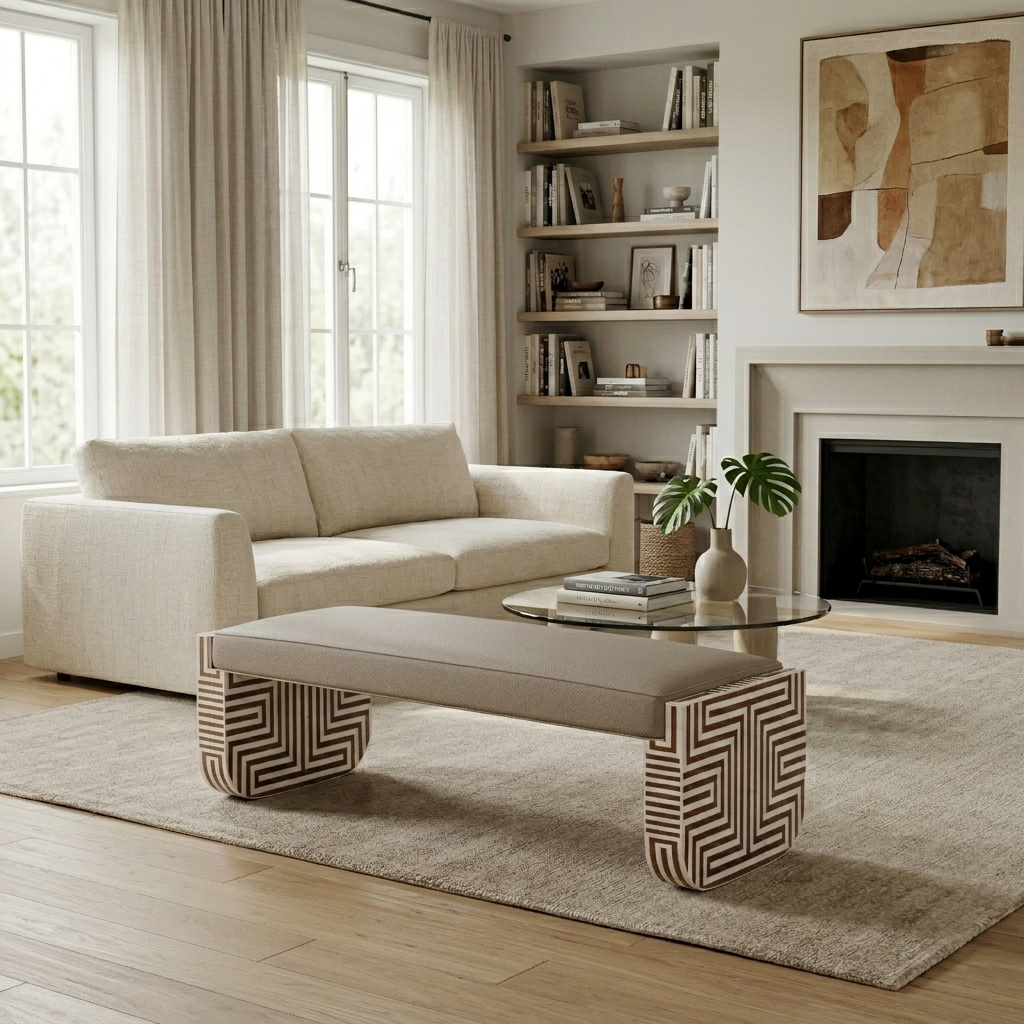 A modern conversation starter featuring a captivating geometric inlay design.