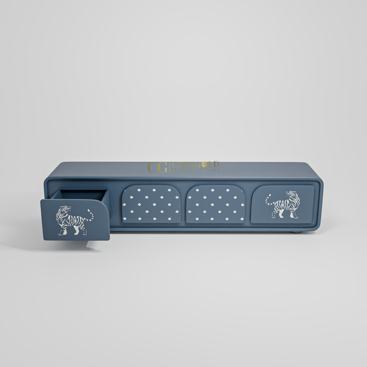  A low-lying, blue storage cabinet featuring a whimsical design of two white tigers and white polka dots.