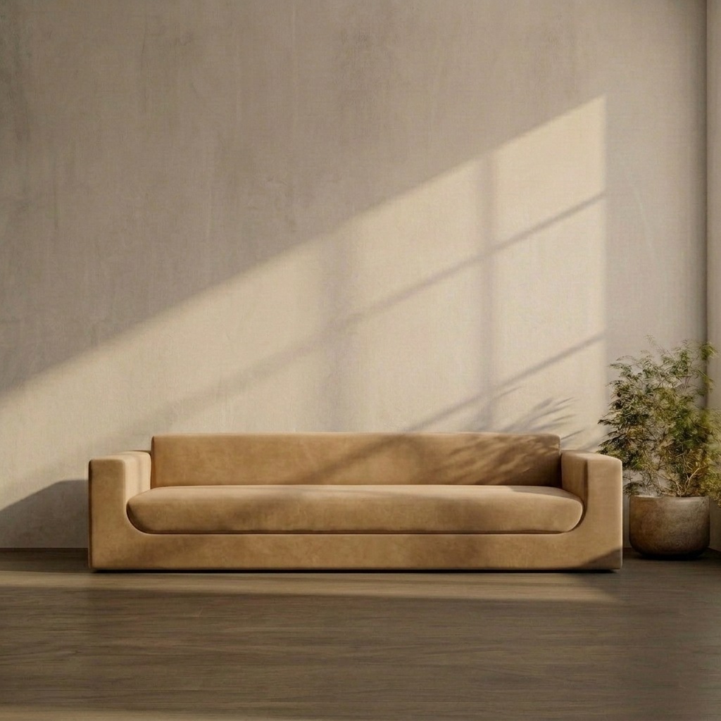 Beige sofa in a room with a textured wall and plant