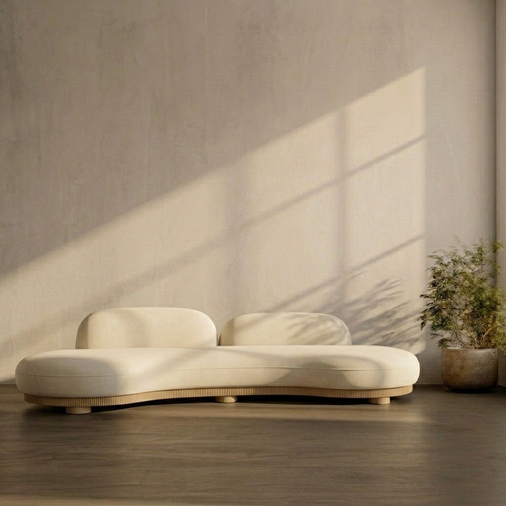 Modern beige sofa in a minimalistic room with a plant and sunlight casting shadows on the wall.