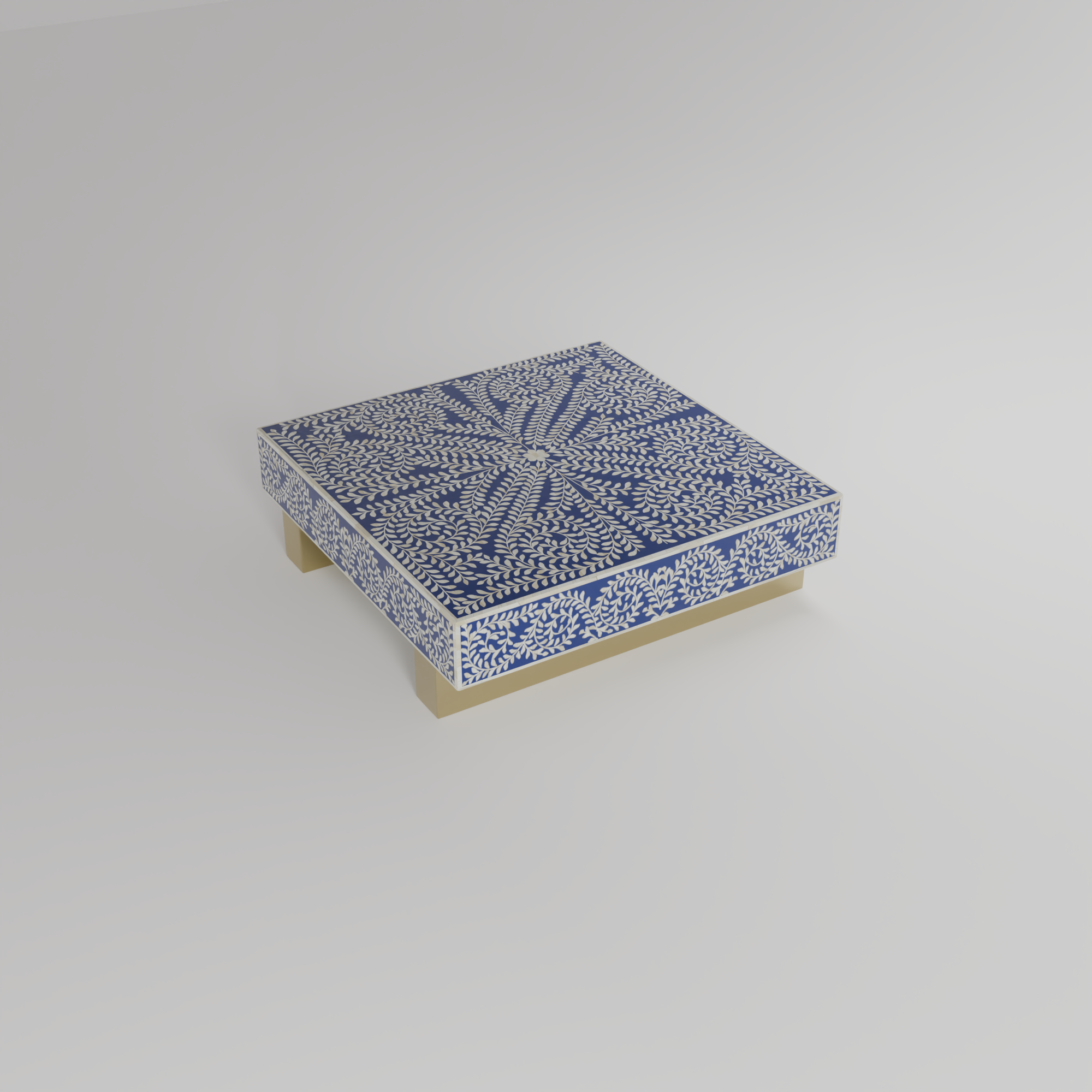 cleo inlay square designer coffee table with golden base in indigo color