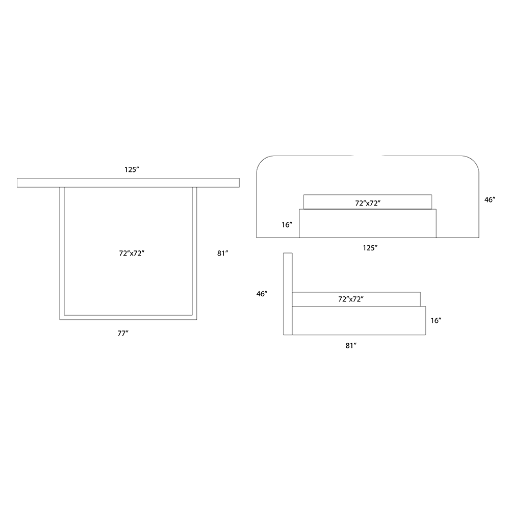 A simple black-and-white line drawing showing the dimensions of a rectangular table or stool, with front and side views and measurements labeled such as 72x72 inches, 125 inches, 81 inches, 37 inches, 16 inches, and 46 inches.
