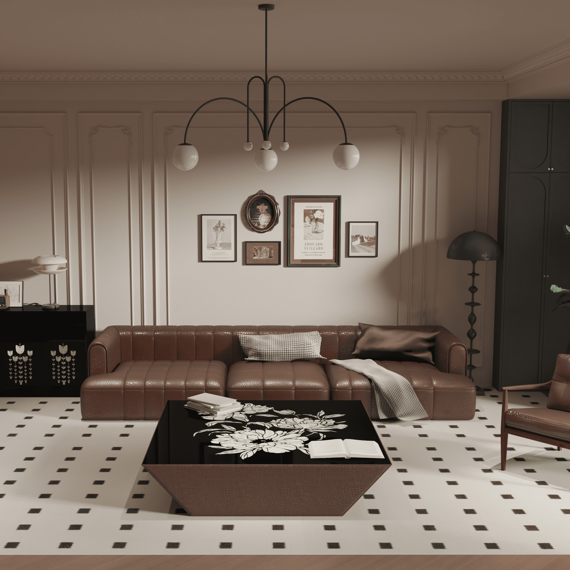 Luxury square coffee table with botanical inlay detail