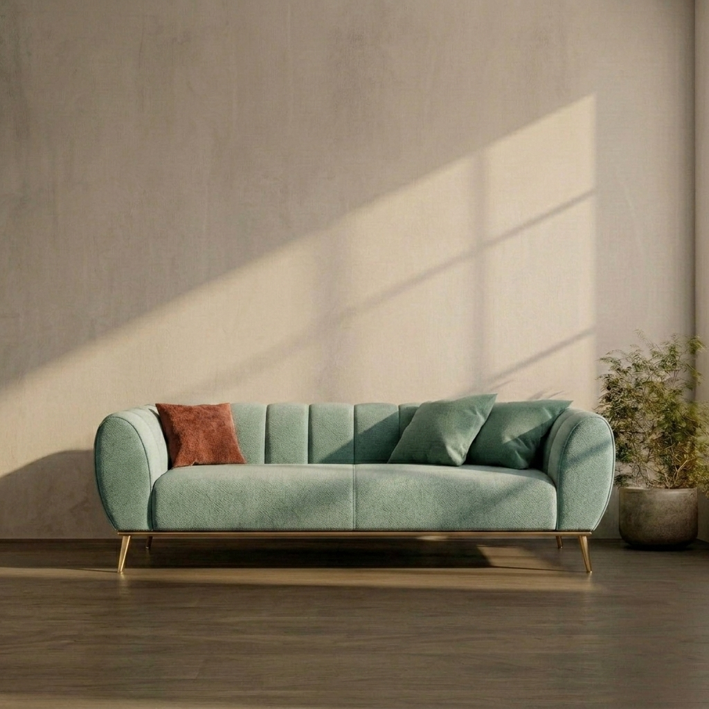 Green sofa with a brown pillow against a beige wall with sunlight casting shadows.