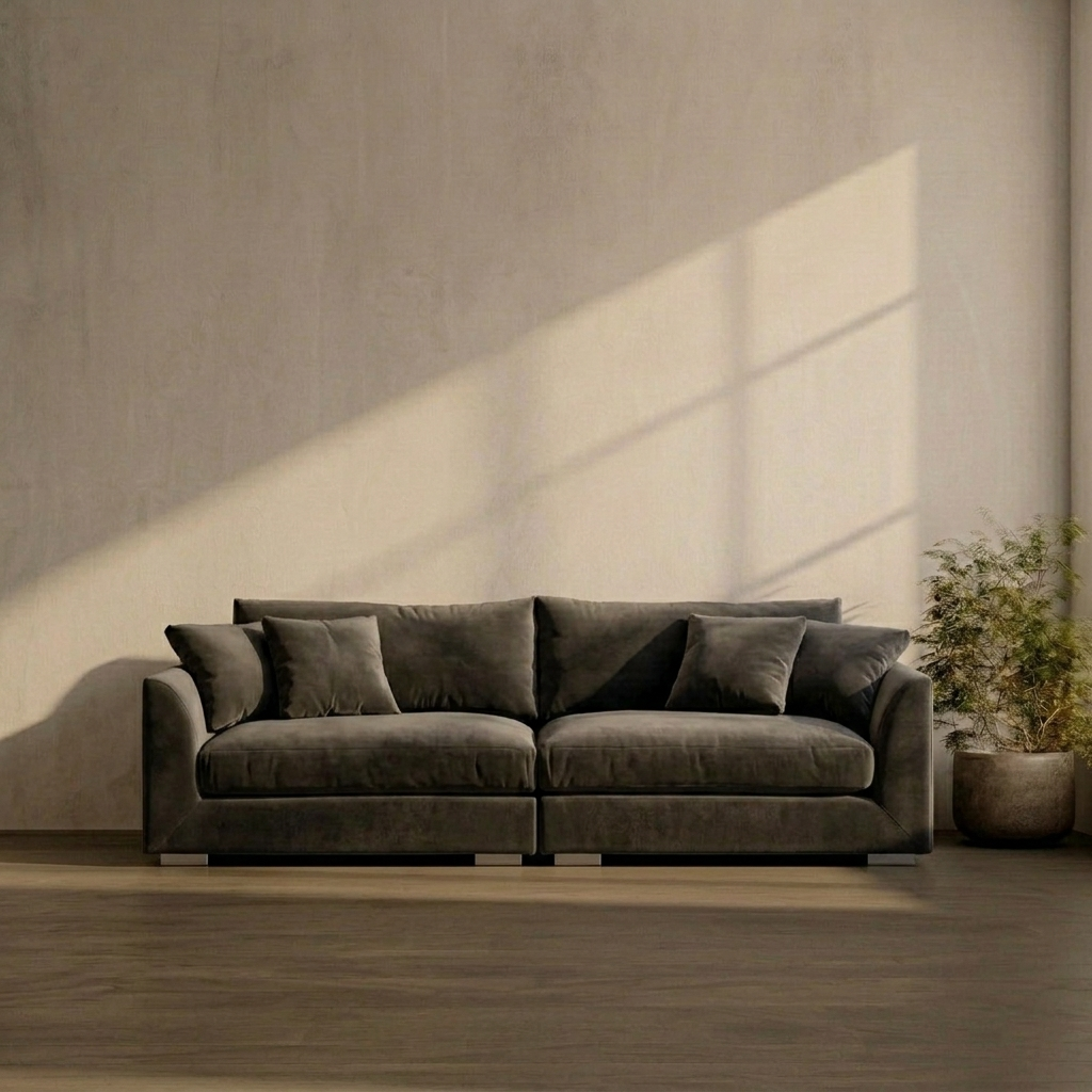 Gray sofa in a room with a textured wall and plant