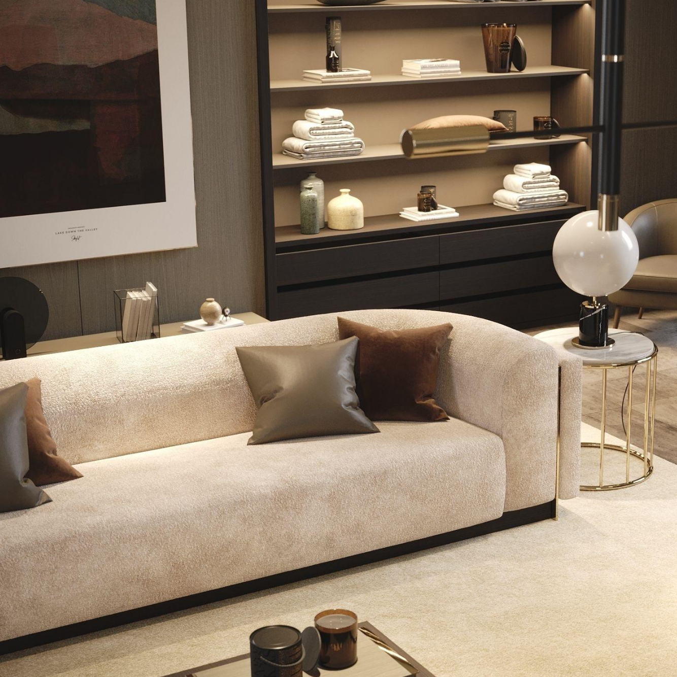 Haven Contemporary Sofa—Three-Seater in Beige with Brass Accents, Customisable to Two-Seater