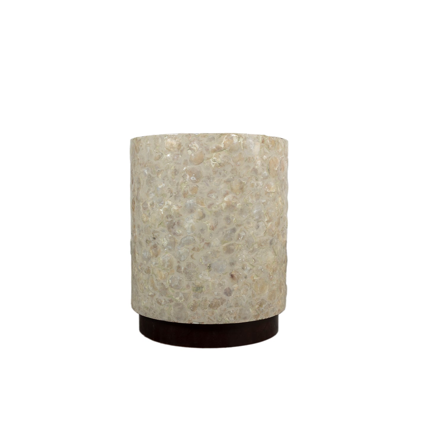 "MOP inlay drum side table with geometric patterns"