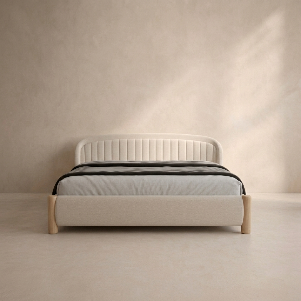A modern low-profile platform bed with a curved, vertically slatted headboard and light wood legs, upholstered in a warm off-white fabric. It is styled with a light gray duvet and dark gray striped pillows, set against a minimalist, textured beige wall and floor.