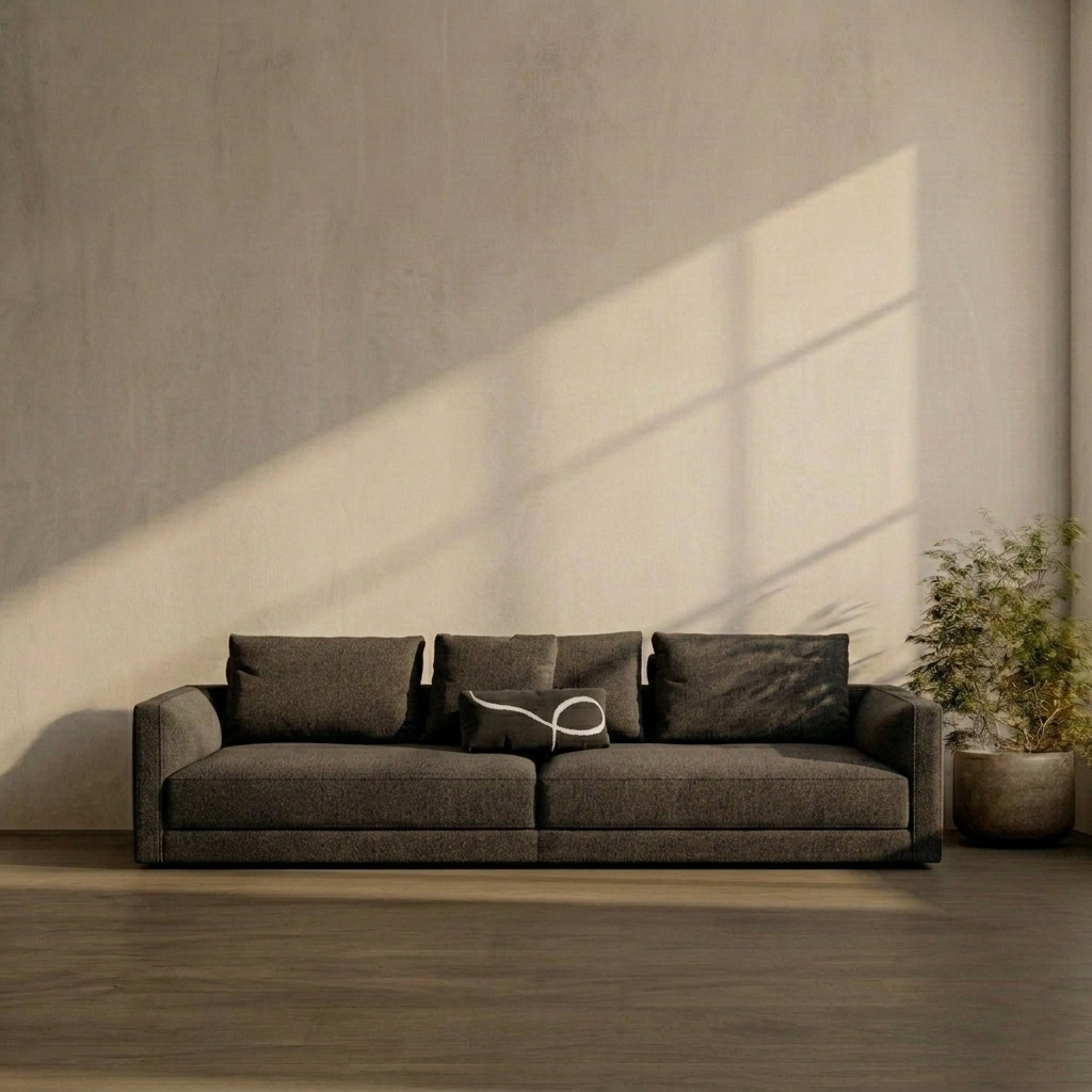 Gray sofa in a room with a concrete wall and sunlight casting shadows.