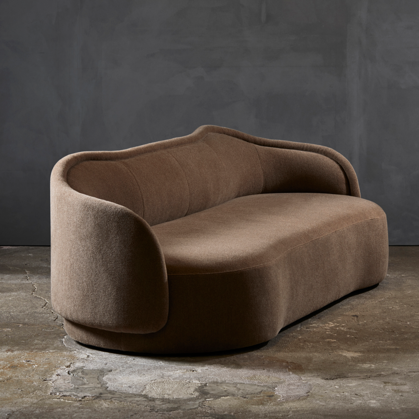 Contemporary Curved Sofa – Three-Seater Upholstered in Textured Brown Fabric