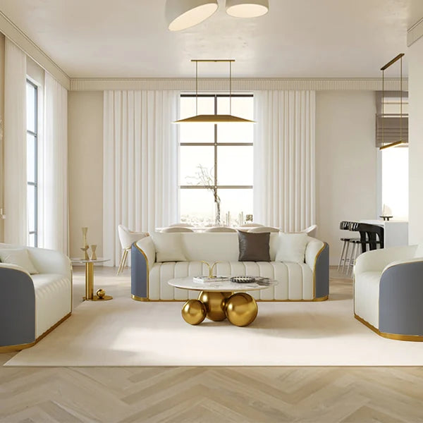 Minimalist low-profile luxury sofa with neutral tones
