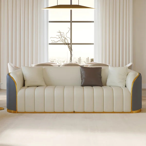 Minimalist low-profile luxury sofa with neutral tones
