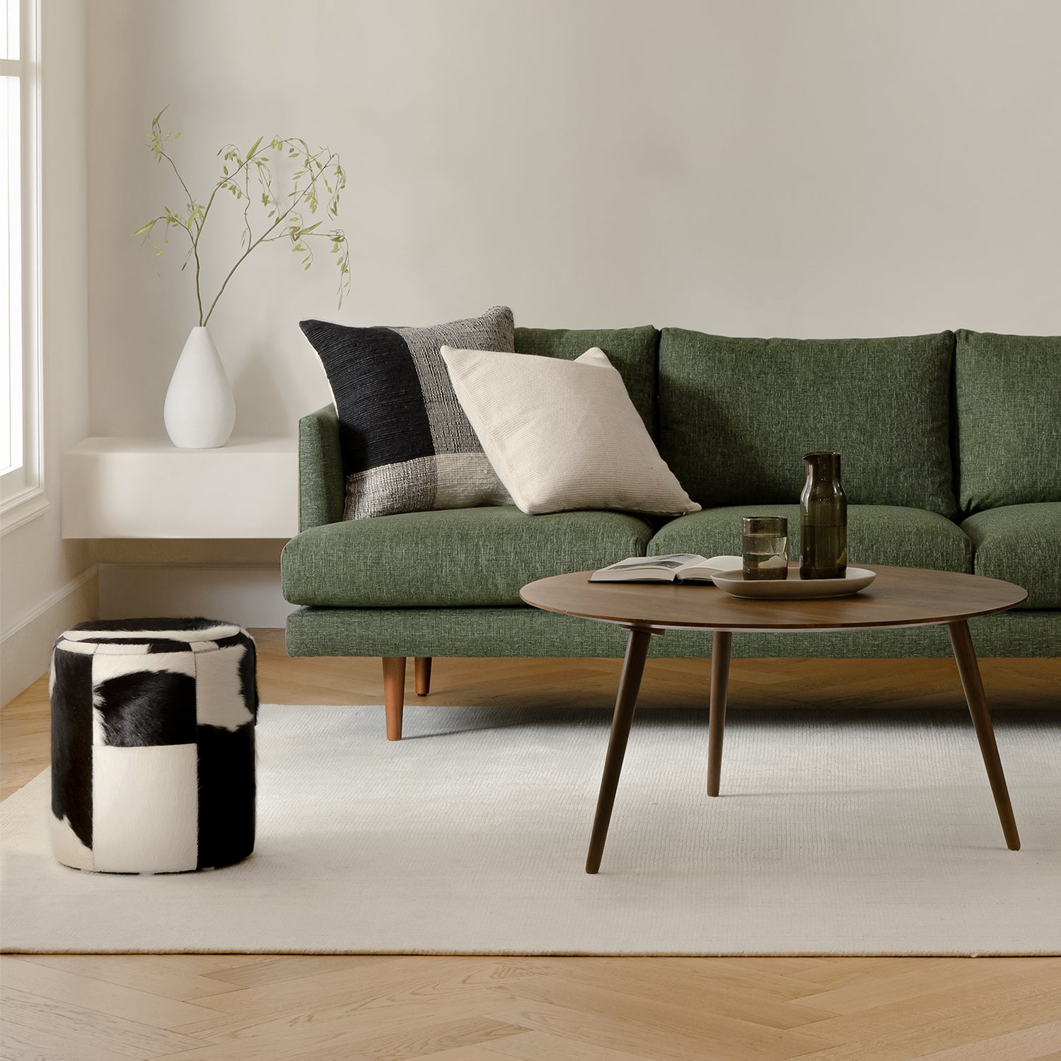 Mid-Century Modern Green Fabric Sofa – Three-Seater Customisable to Two-Seater