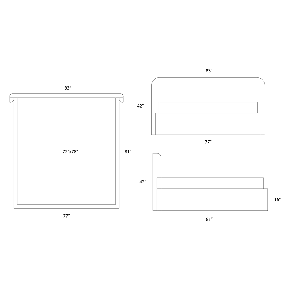 Black and white line drawing showing the dimensions of a bed frame, including top, bottom, and side measurements in inches.