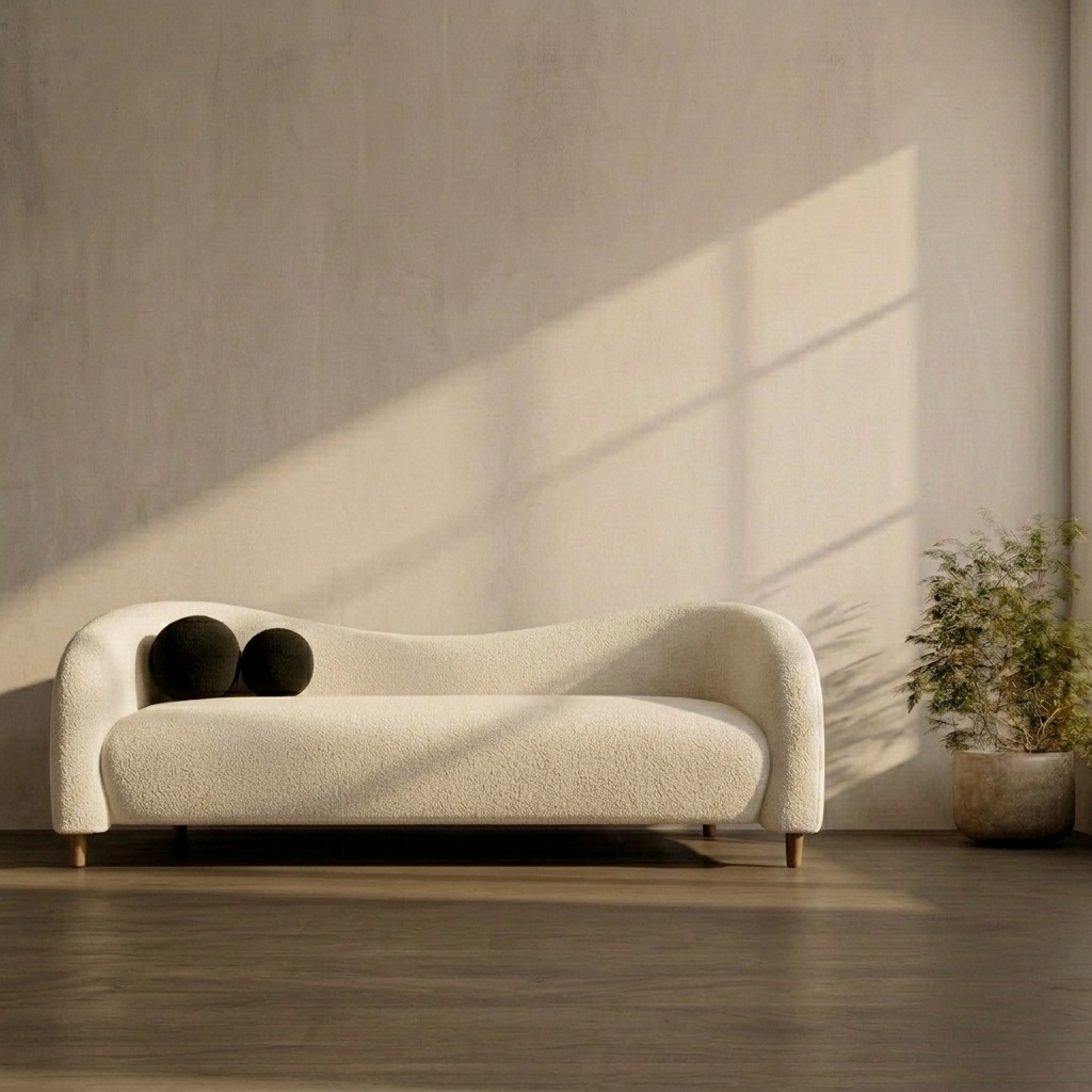 Modern beige sofa in a room with a textured wall and plant