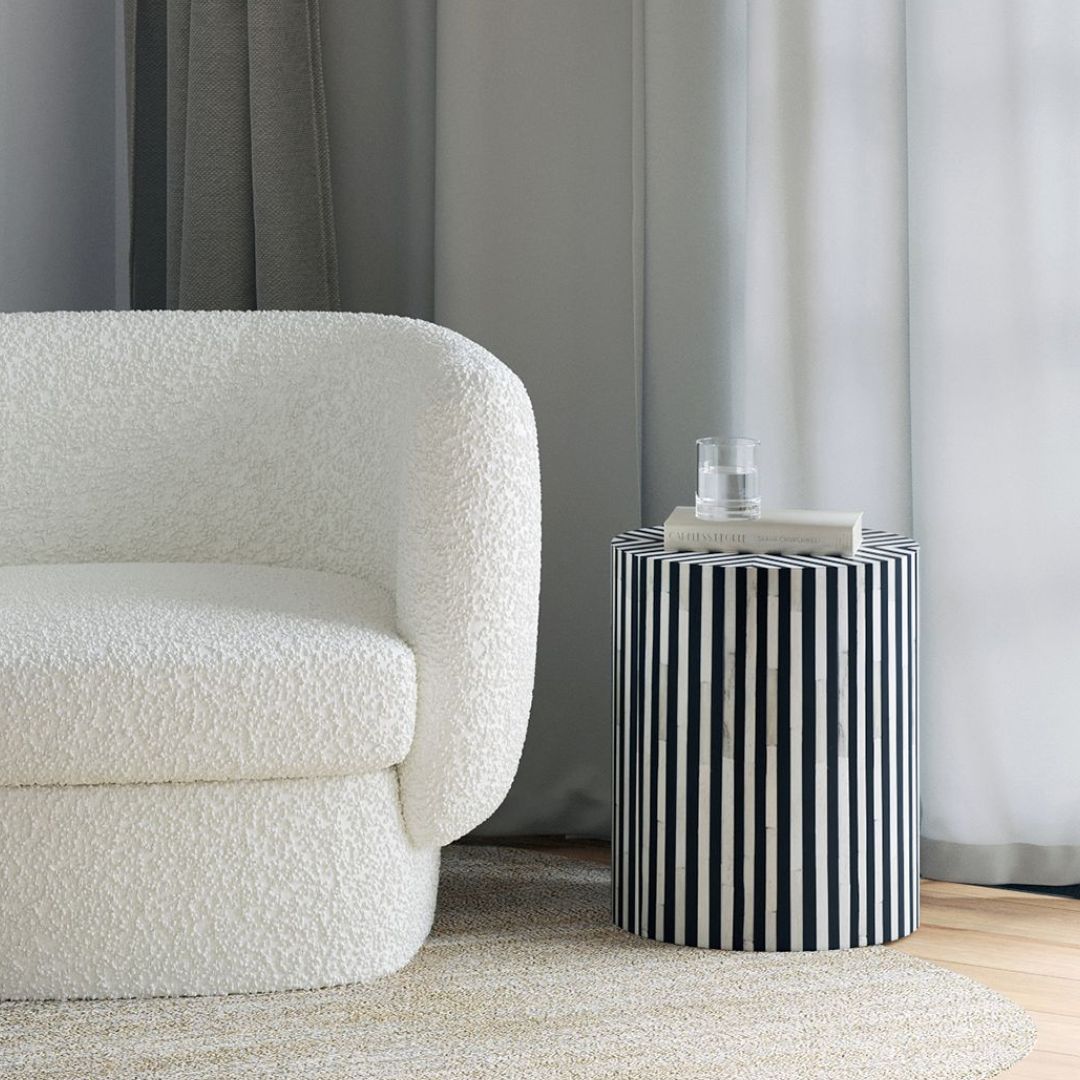 Striped Monochrome Inlay Drum Side Table | Black & White