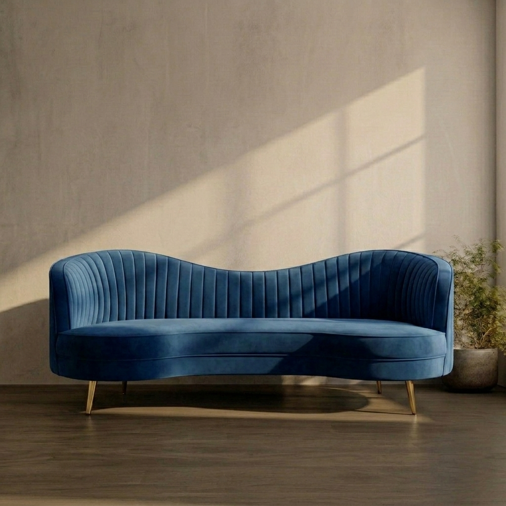 Blue velvet sofa in a room with a textured wall and wooden floor